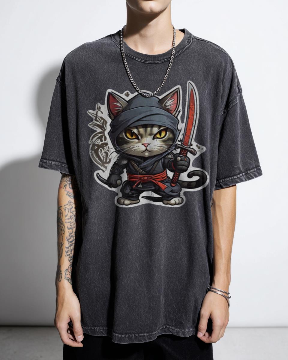 Cute Cartoon Cat Ninja T-Shirt - Funny Japanese Warrior Kitty