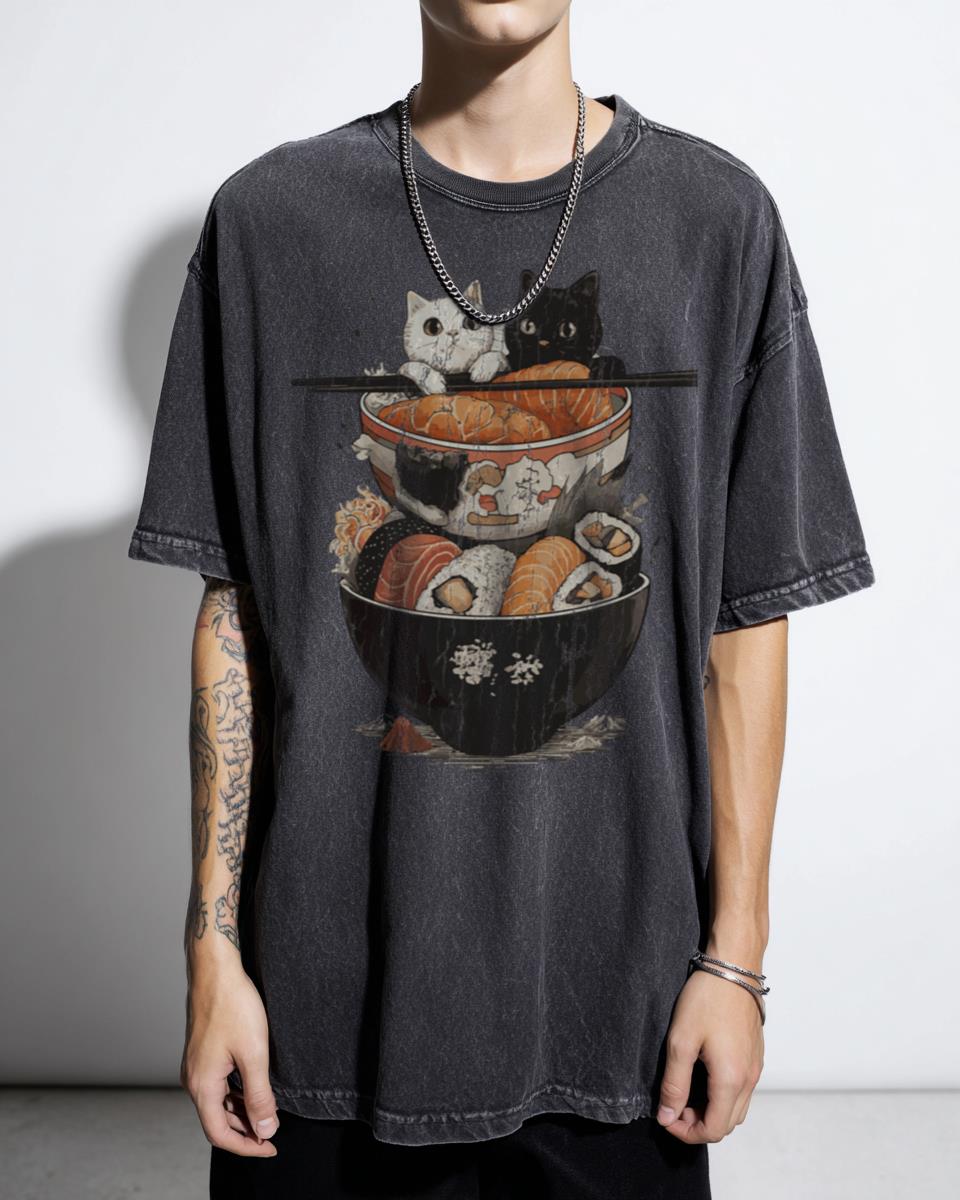 Cute Cartoon Cat Sushi T-Shirt - Delicious Japanese Food Illustration Unisex