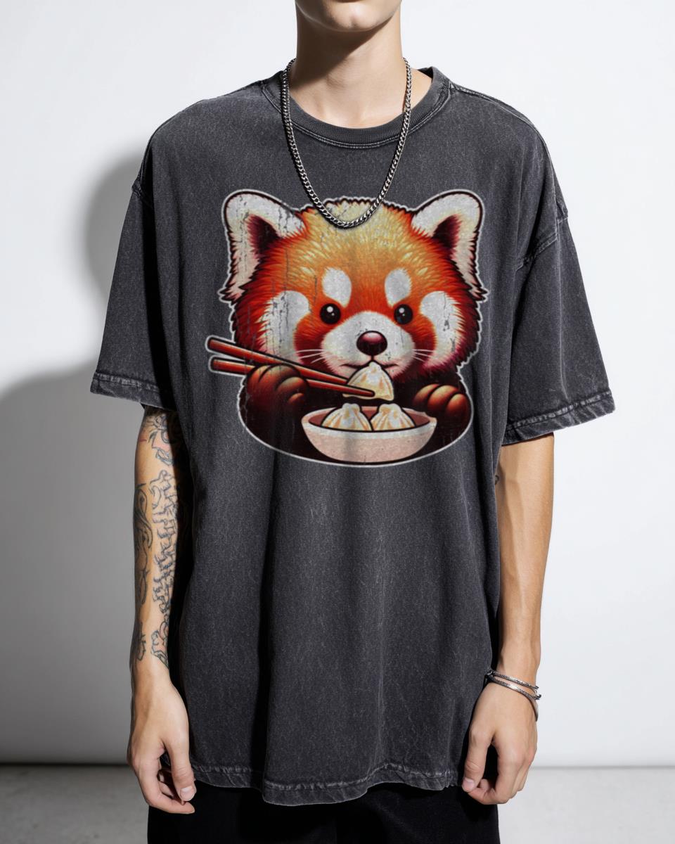 Cute Determined Red Panda Meal Time T-Shirt - Minimalist Animal Dumplings Apparel