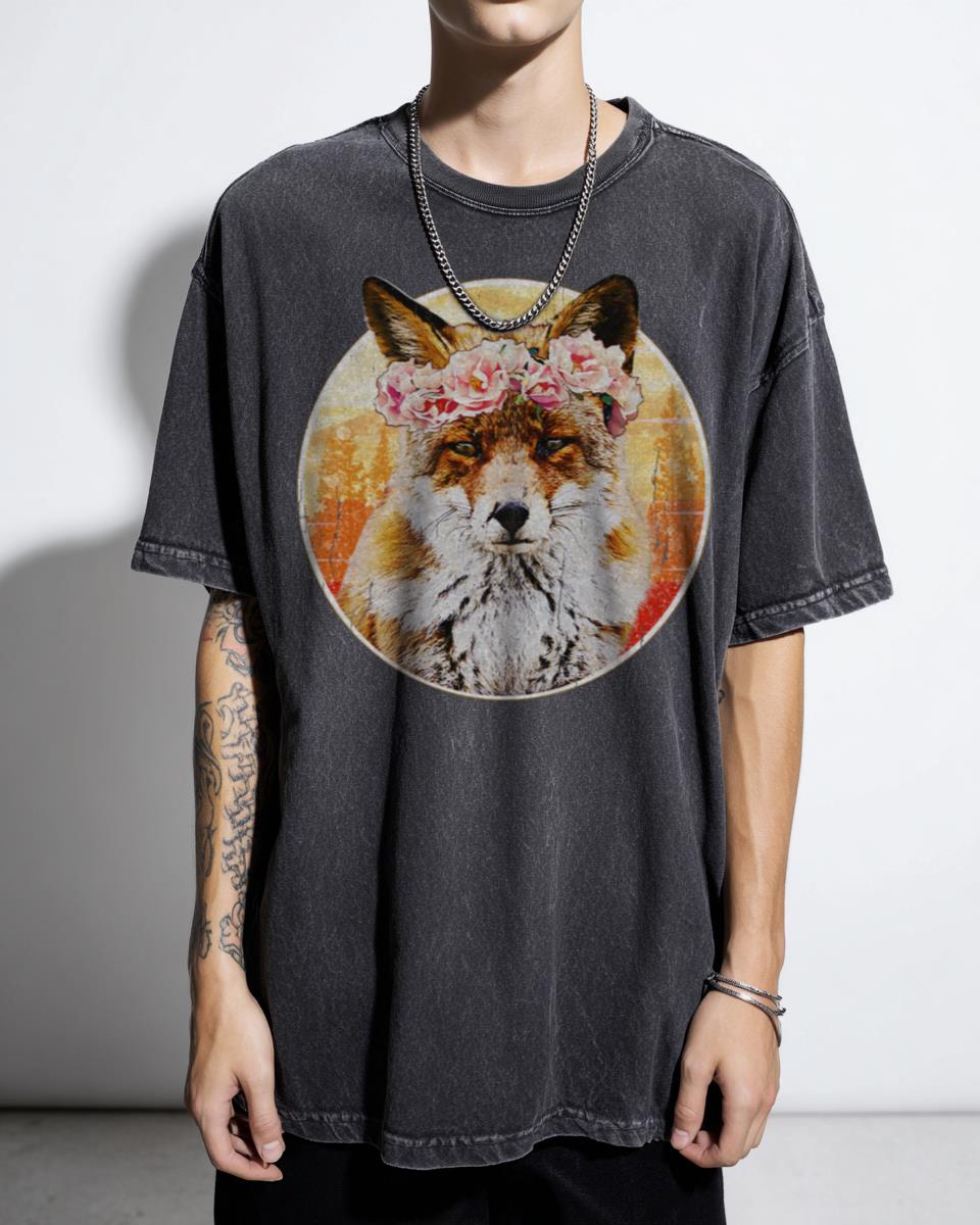 Cute Fox with Floral Crown Watercolor T-Shirt - Animal Nature Art