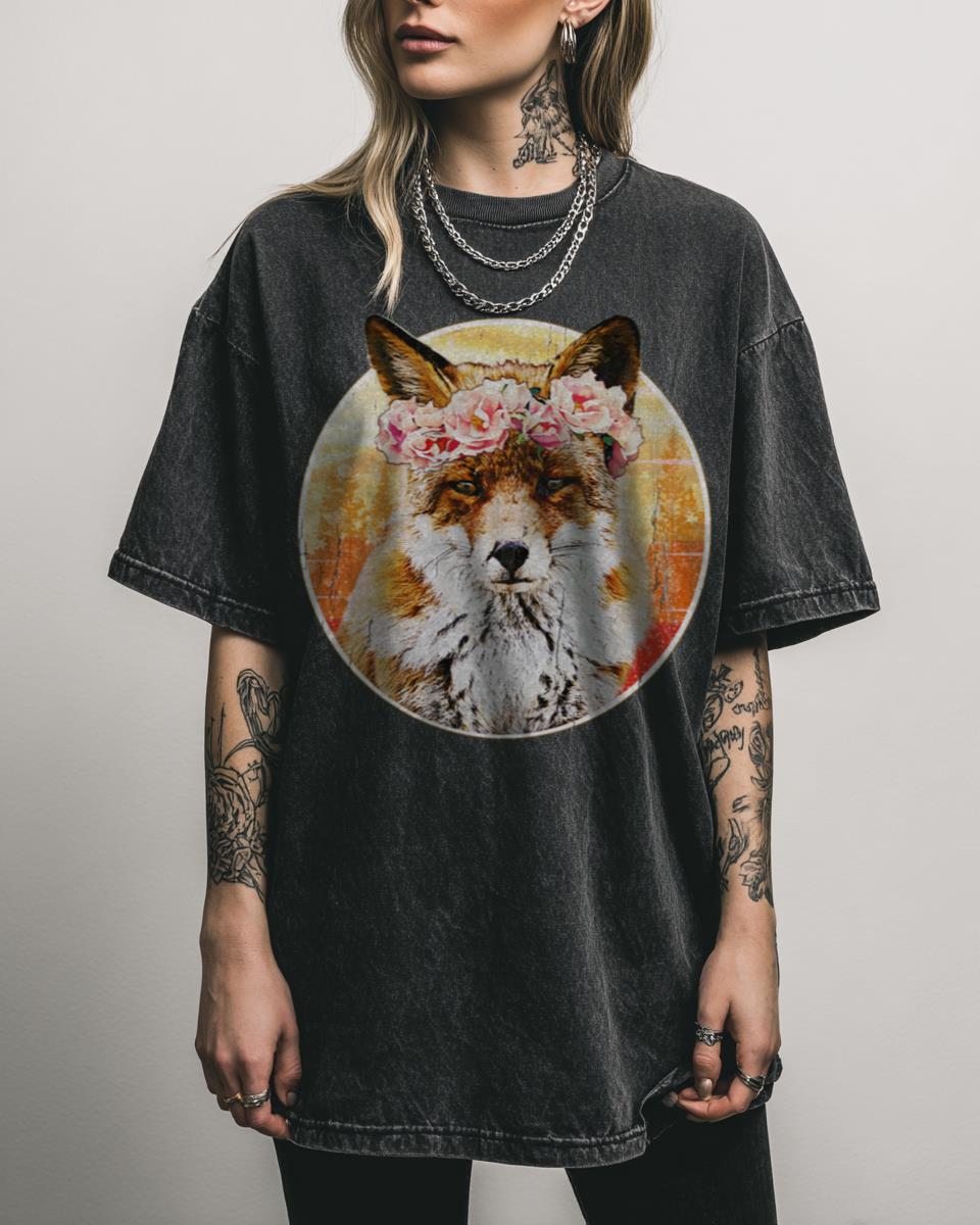 Cute Fox with Floral Crown Watercolor T-Shirt – Animal Nature Art