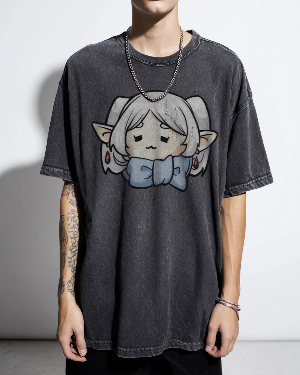 Cute Frieren Beyond Journey's End Black Acidwash Anime T-Shirt