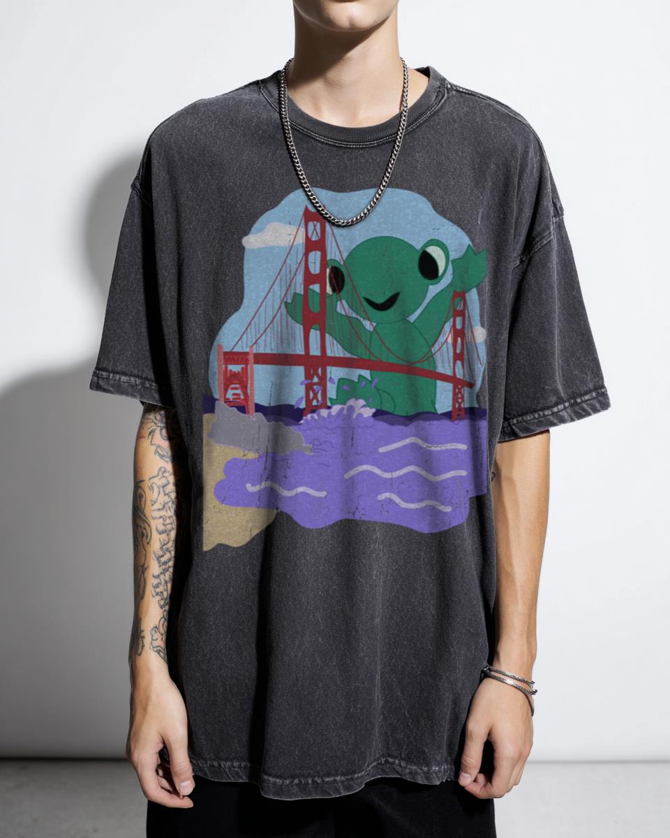 Cute Giant Monster Frog Attack T-Shirt - Golden Gate Bridge Ocean Kaiju Tee Unisex