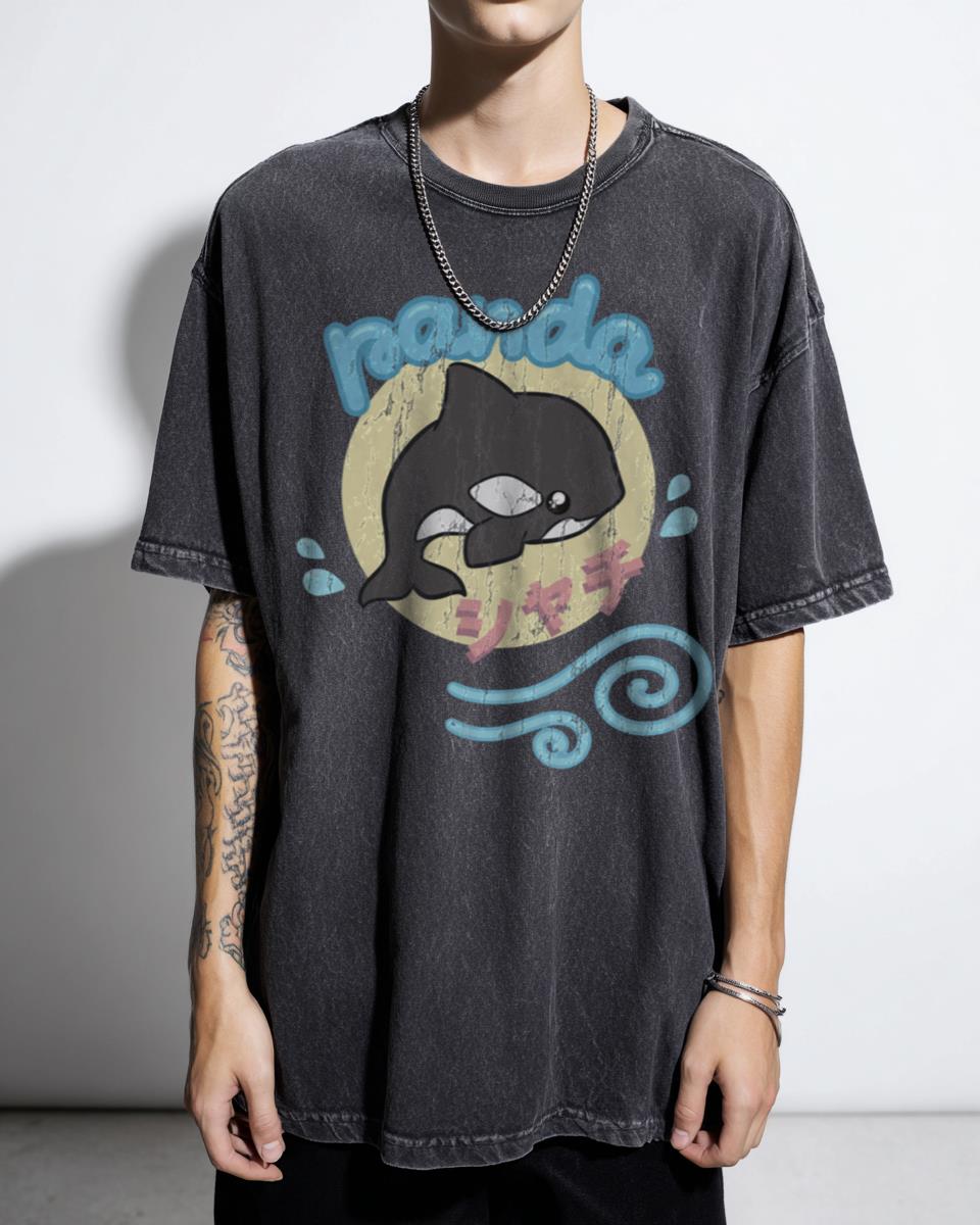 Cute Kawaii Panda Whale T-Shirt - Japanese Katakana Summer Sea Life Orca Tee