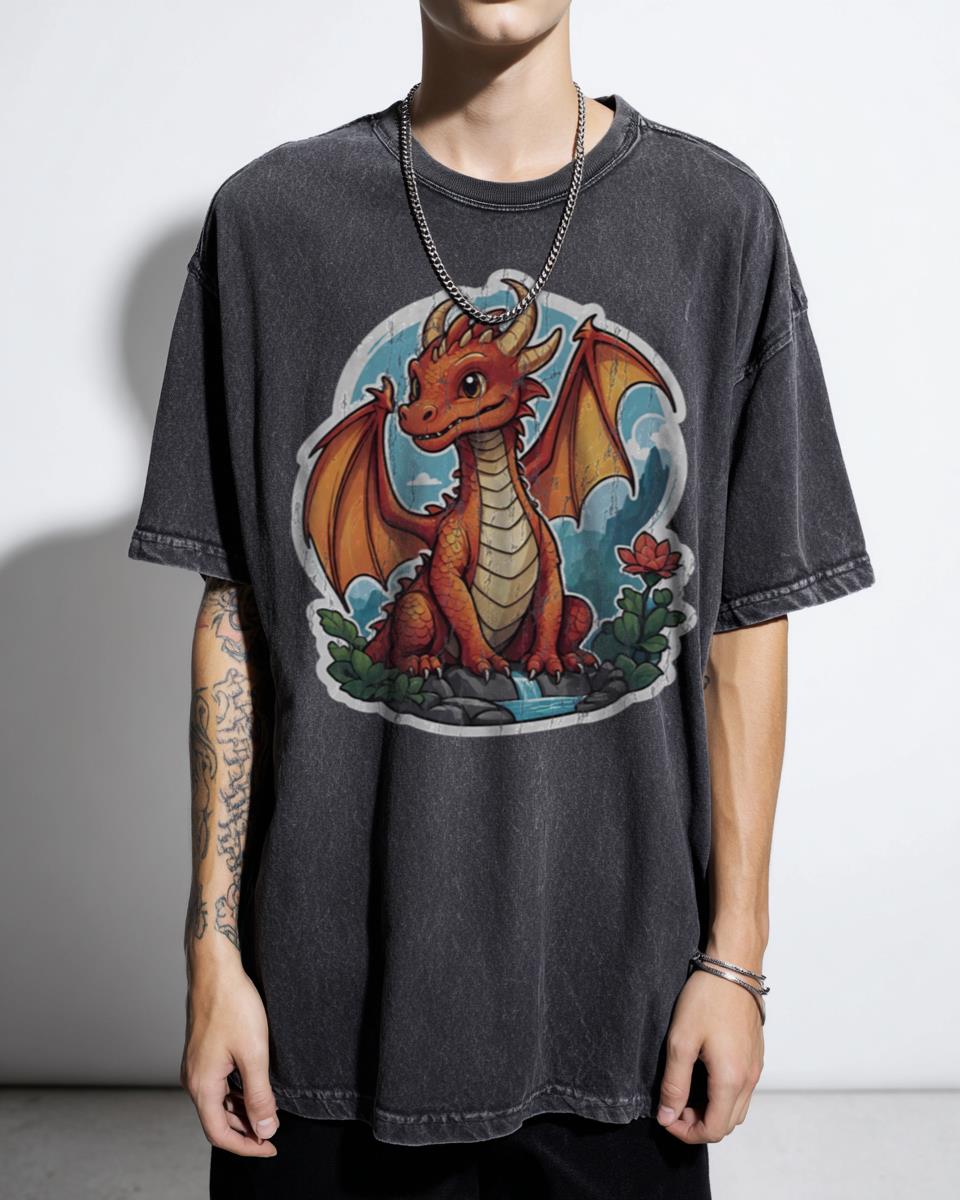 Cute Kawaii Red Baby Dragon Fantasy Art T-Shirt - Adorable Mythical Creature Unisex