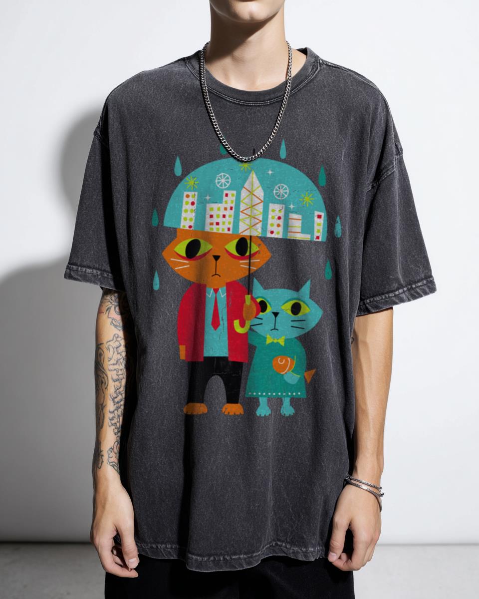 Cute Rainy Day Cat & Umbrella T-Shirt - Fantasy City Landscape for Kids