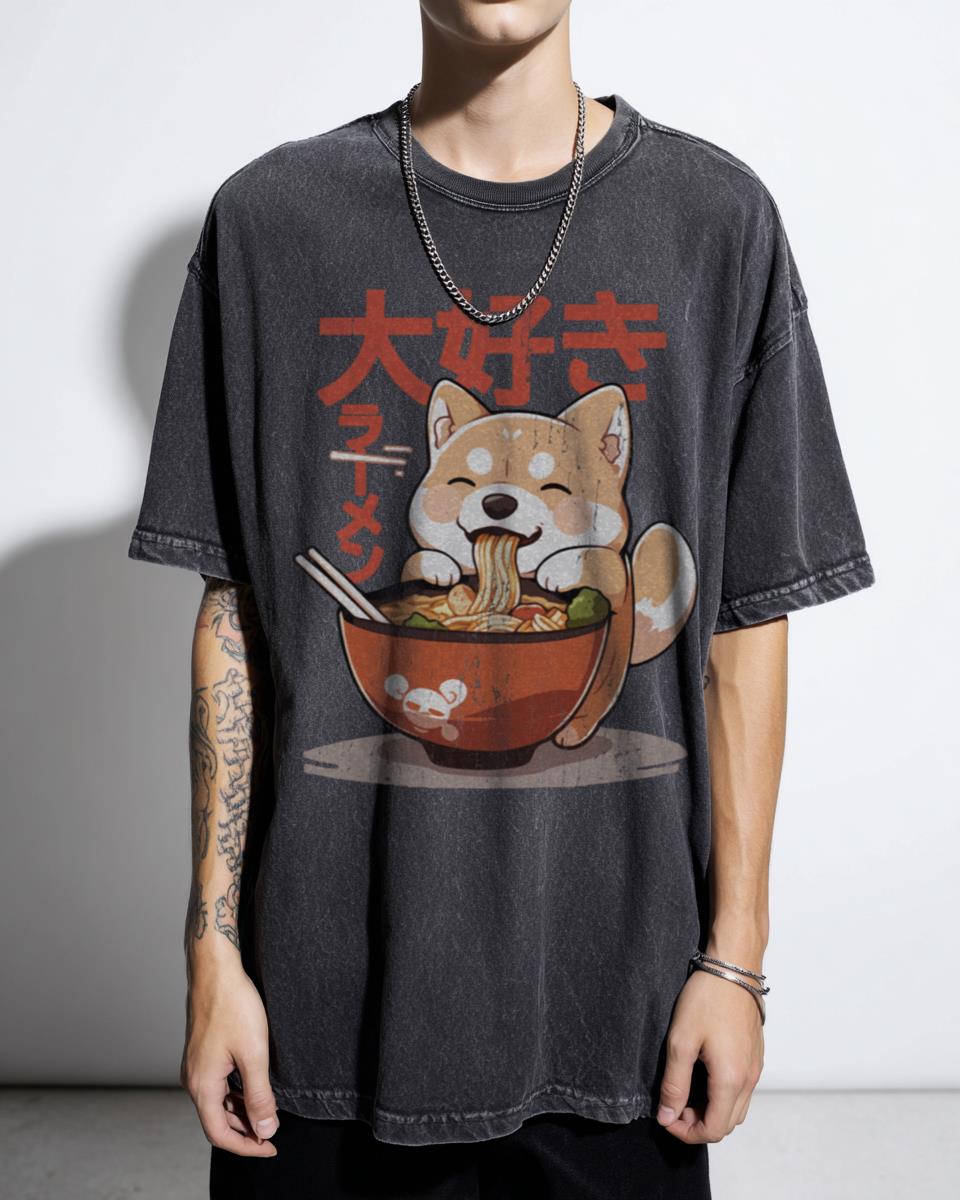 Cute Shiba Inu Ramen Anime Acidwash Graphic Tee