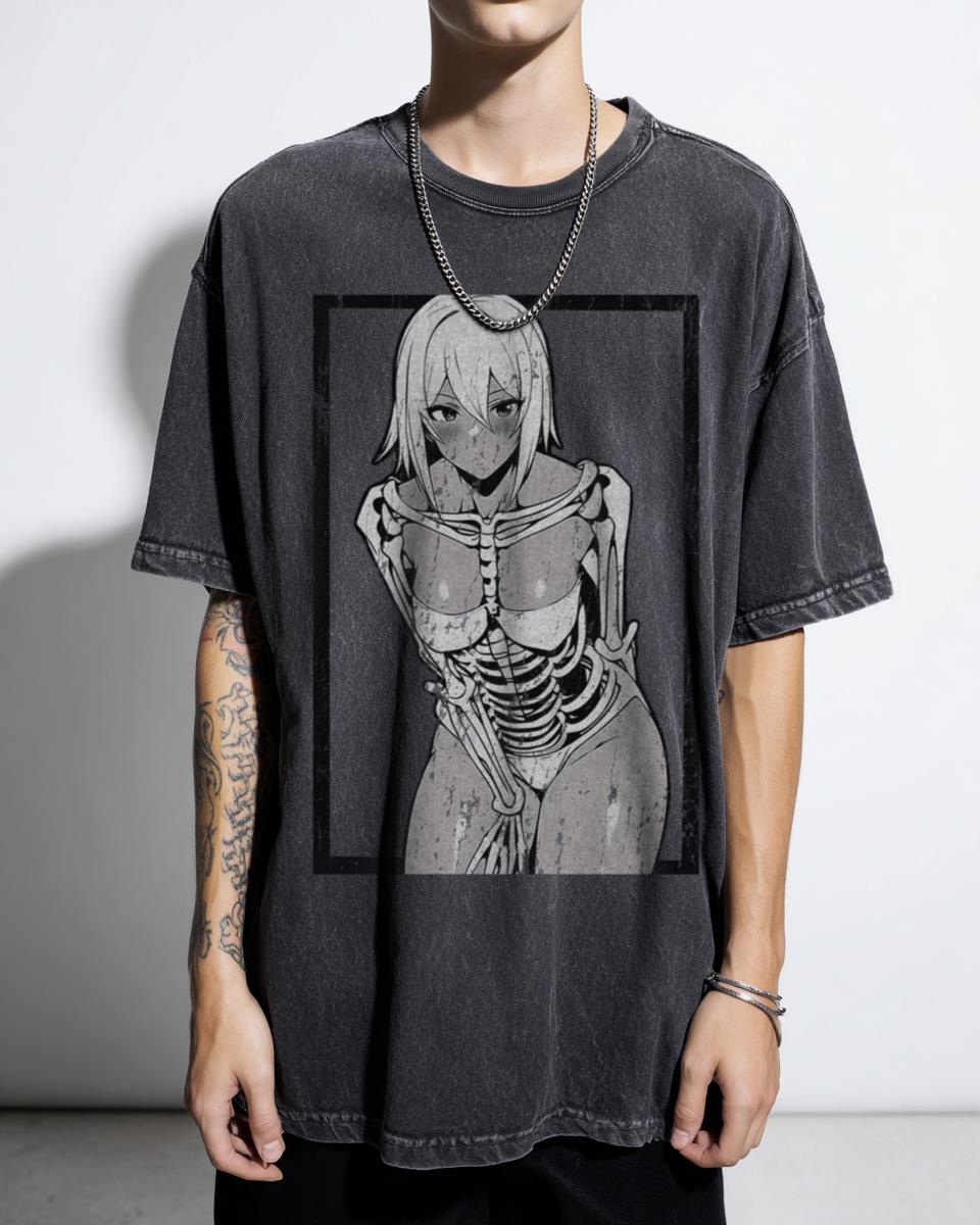 Cute Skeleton Anime Girl Black Acidwash T-Shirt | Blushing Goth