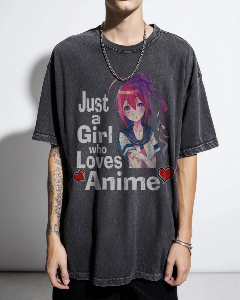 Cute 'Sweet Girl Loves Anime' Manga Fan Black Acidwash T-Shirt