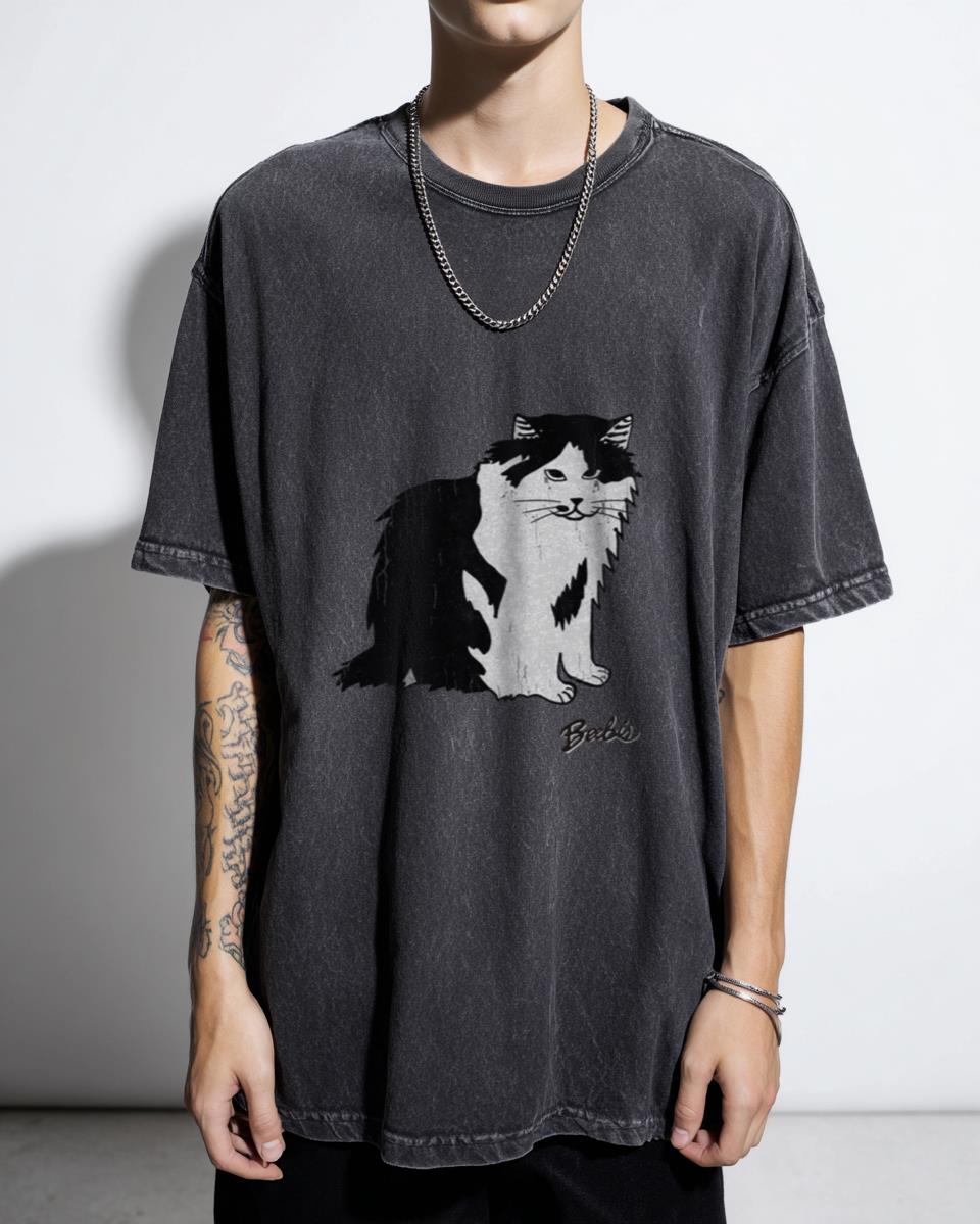 Cute Tuxedo Manx Cat Pet Art T-Shirt - Black & White Shaggy Kitty Gift