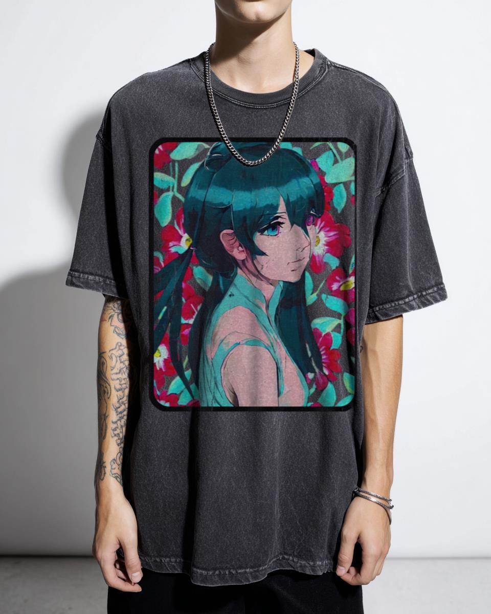 Cyan & Red Anime Girl Art T-Shirt - Modern Japanese Style for Fans