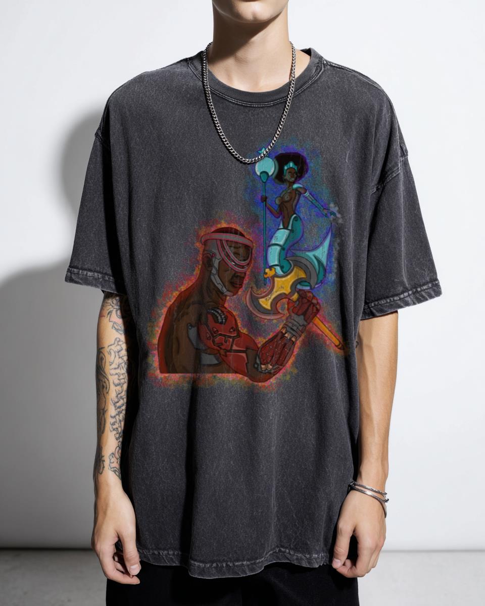 Cyber Entities Xangô and Iemanjá African Gods Anime T-Shirt - Black Art Mythology Fan Tee