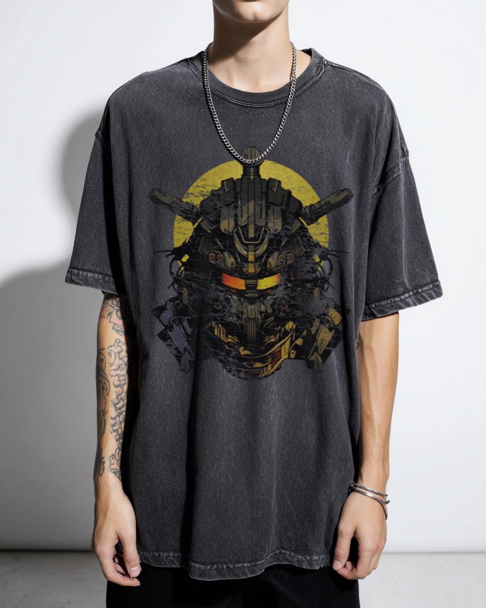 Cyber Pirate Black Acidwash T-Shirt | Cyberpunk Warrior Tee