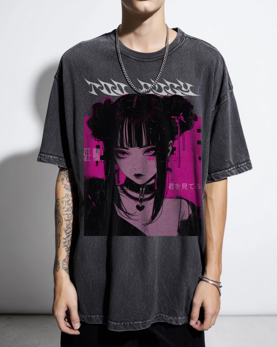 Cyberpunk Emo Anime Girl T-Shirt - Harajuku Goth Pink Techwear Manga Style