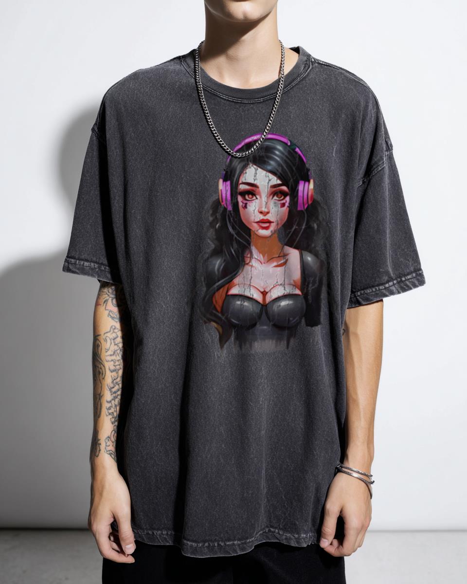 Cyberpunk Headphones Music Girl Anime T-Shirt - Electronic DJ Goth Style