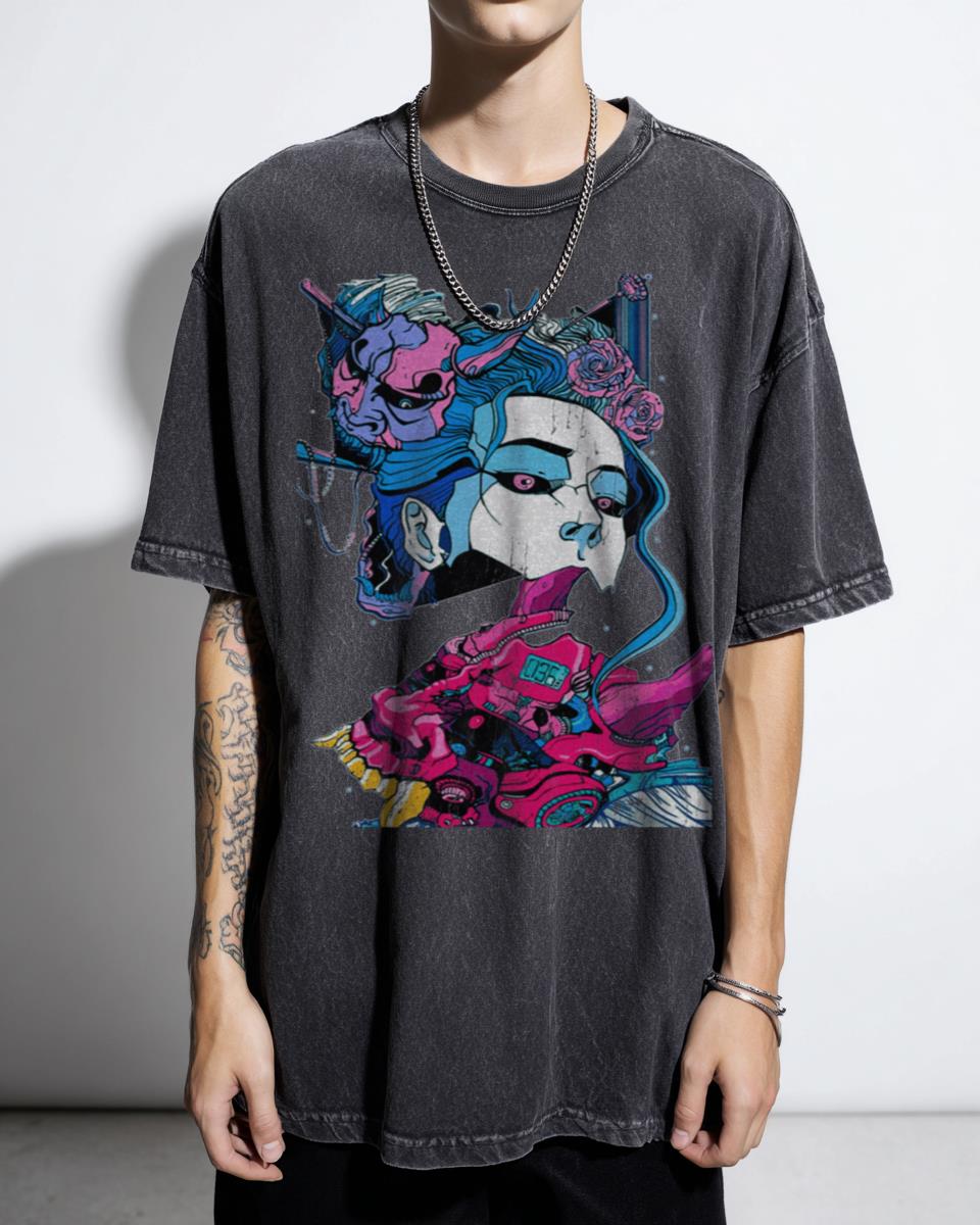 Cyberpunk Samurai Demon Mask Japanese Girl T-Shirt - Sci-Fi Manga Classic Unisex