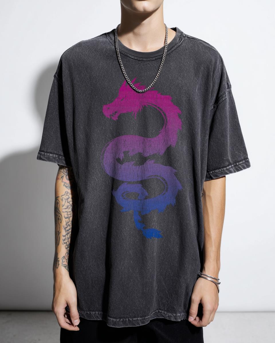 Distressed Bisexual Pride Japanese Dragon T-Shirt - Grunge Bi Flag LGBT Tee