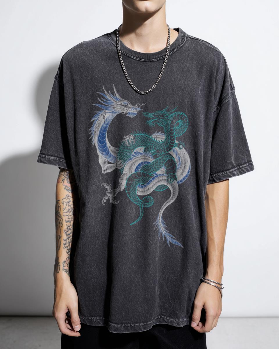 Double Chinese Dragon Tee | Mystical Tattoo Art Design