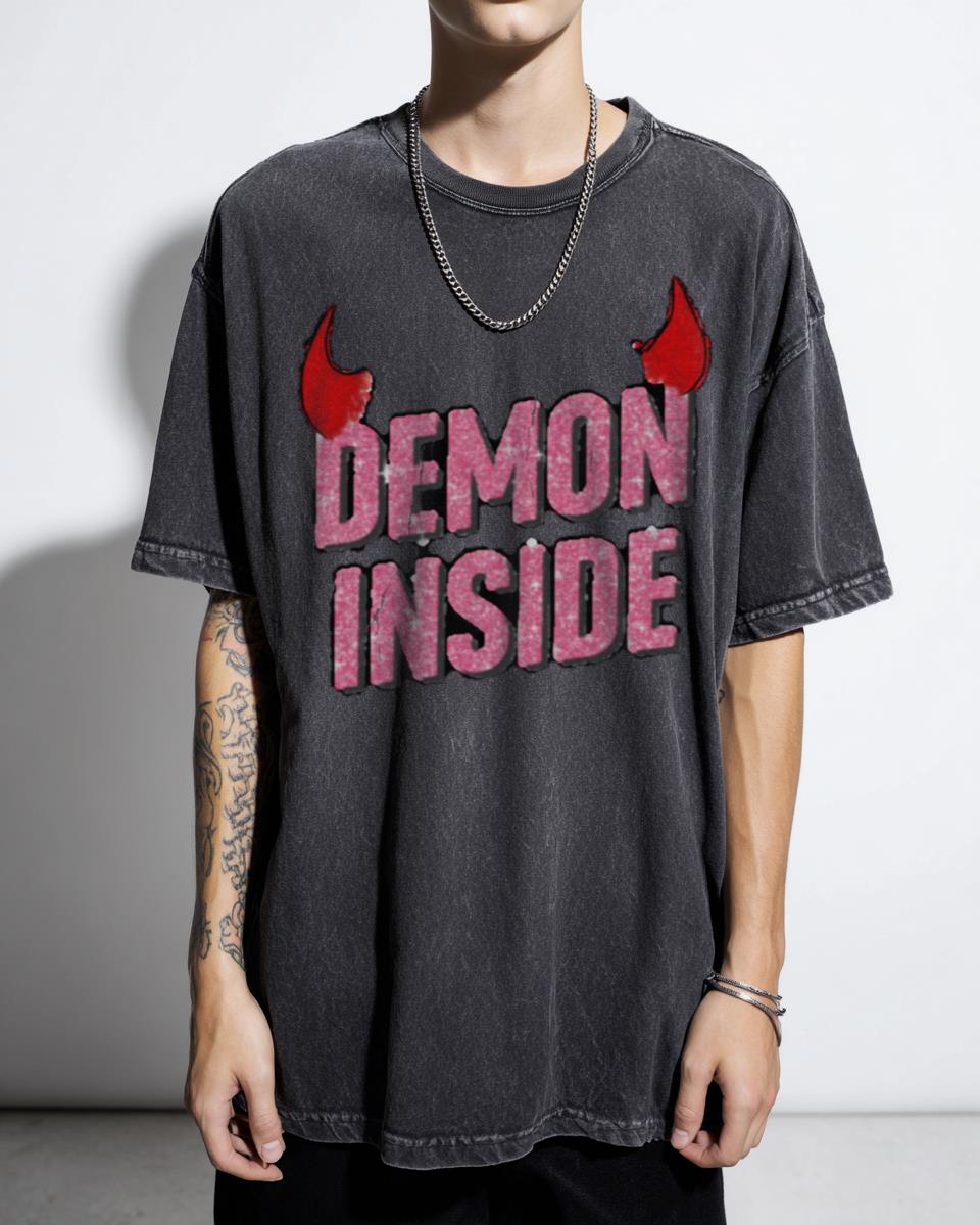 Edgy Demon Inside Horns Typography T-Shirt - Sassy Dark Aesthetic Graphic Tee