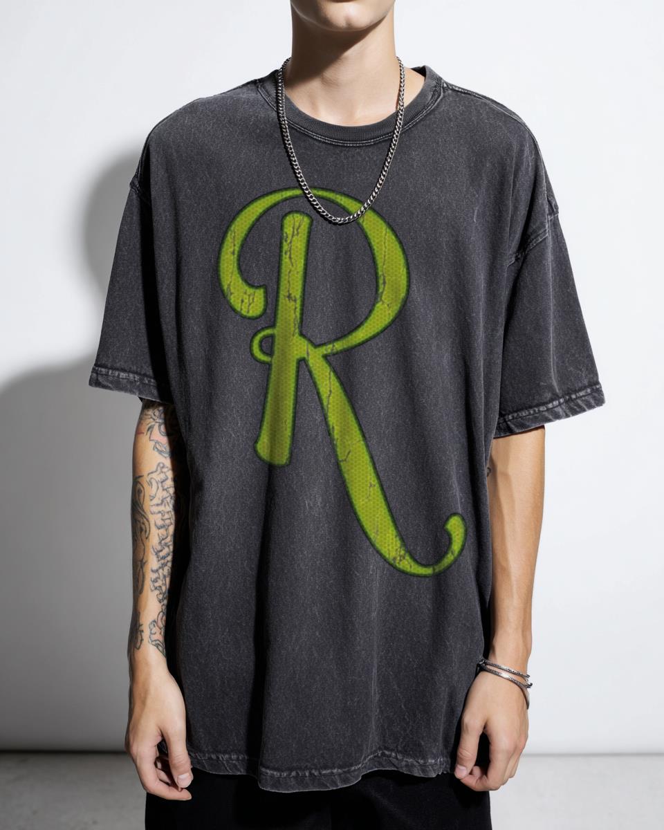 Elegant Letter R Monogram Initial T-Shirt - Personalized Alphabet Lime Green Unisex Black Acidwash