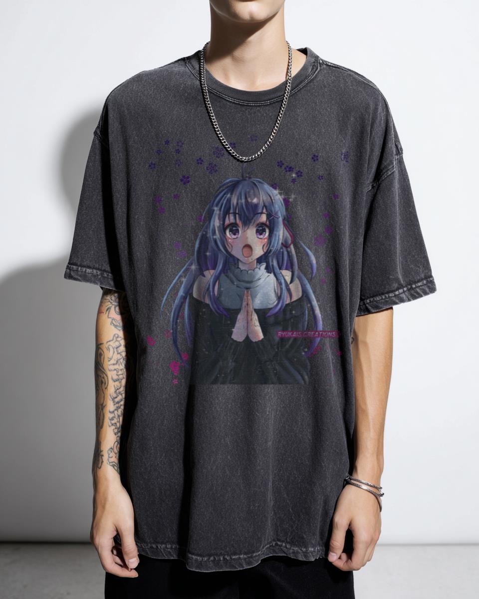 Expressive Goth Kawaii Anime Girl T-Shirt - Blue Flowers Surprise Tee for Women