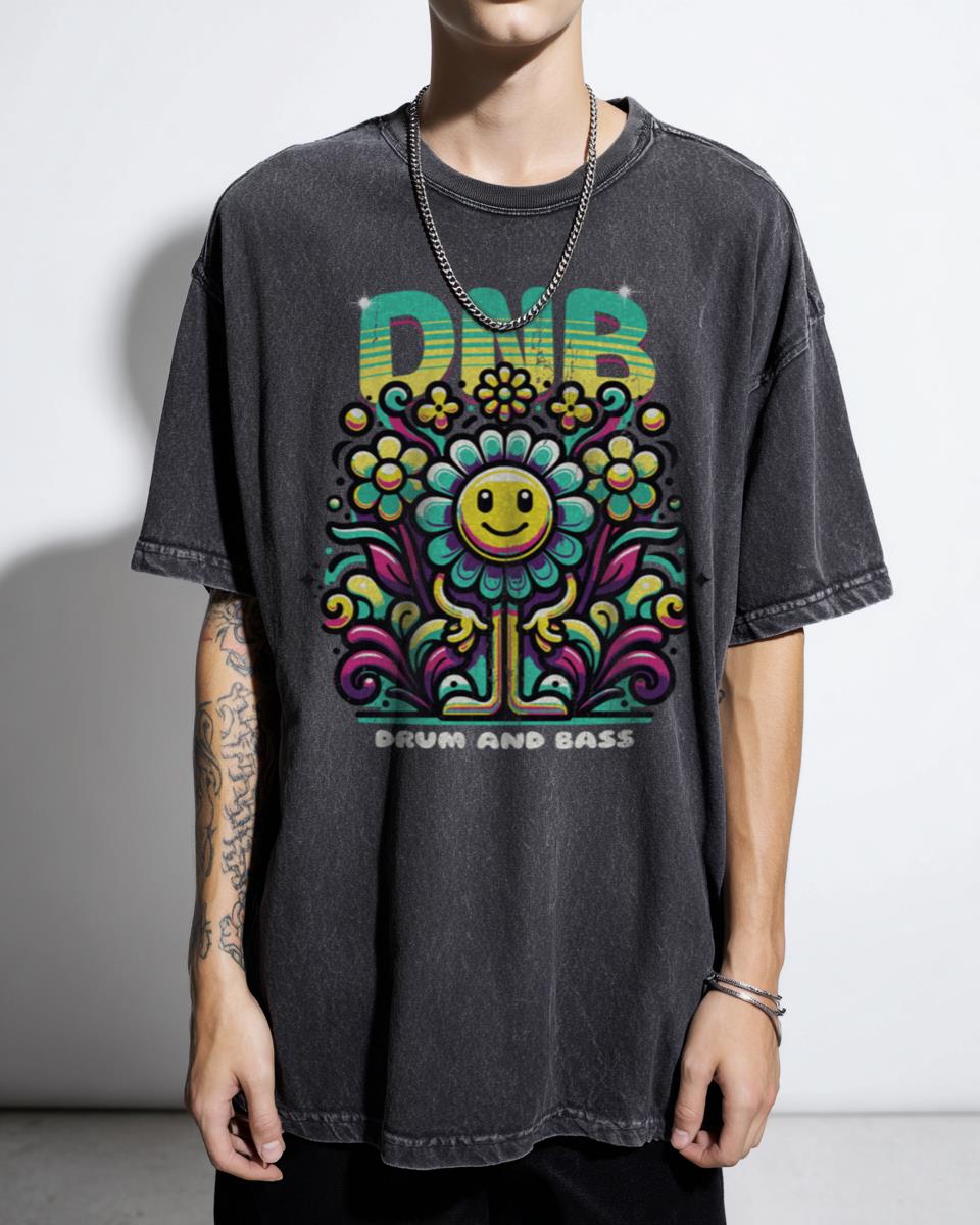 Floral Smiley Drum & Bass DNB Music T-Shirt - Rave Festival Party Unisex Tee