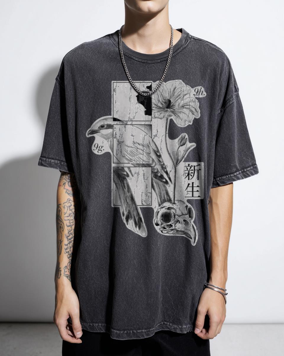Fragments of Life Japanese Aesthetic T-Shirt - Skull Bird Flower Art Tee