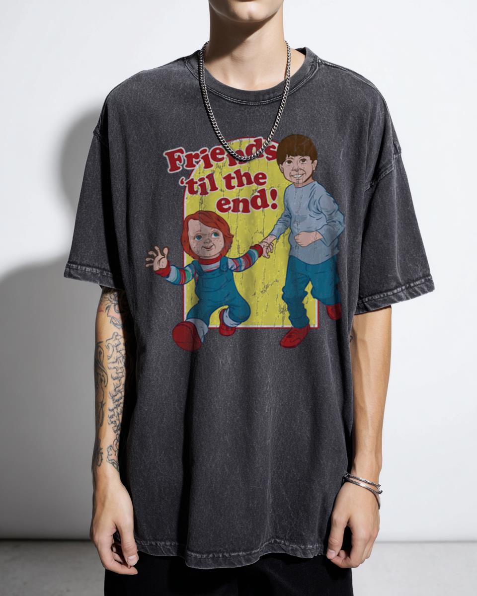 Friends 'Til The End Chucky Horror Cartoon T-Shirt - Child's Play 80s Film Tee