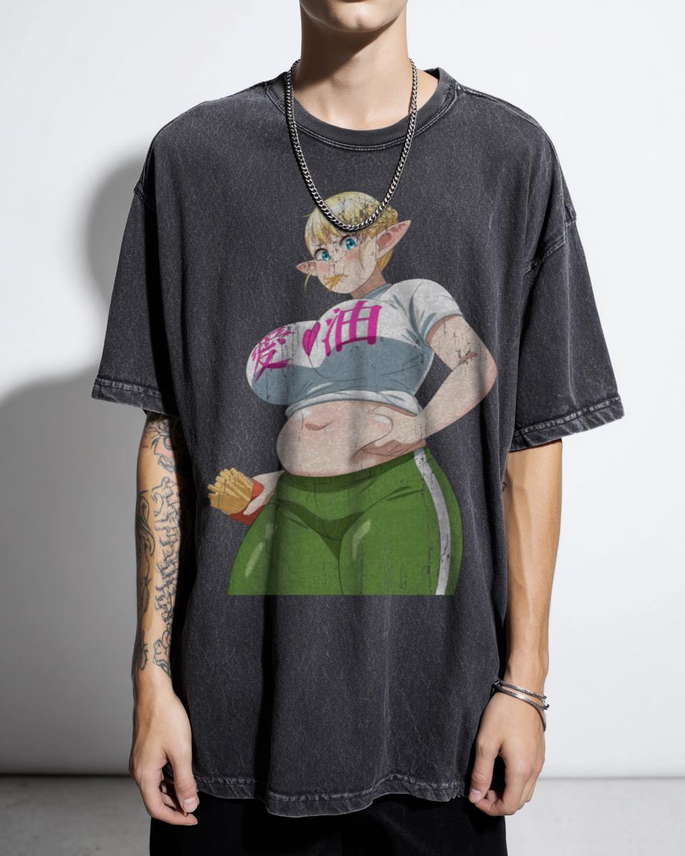 Funny Anime Dieting Elf with Fries T-Shirt - Plus Sized Elf Humor Unisex Tee