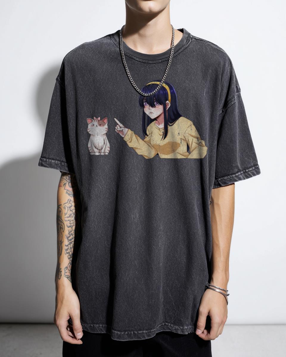 Funny Annoyed Anime Girl With Cat Kawaii T-Shirt - Japanese Manga Aesthetic Tee