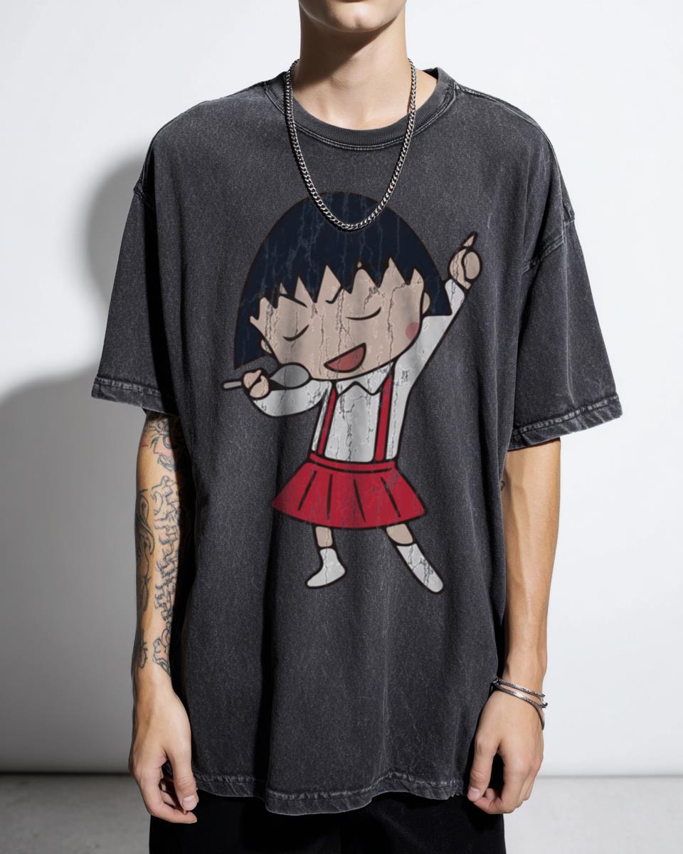 Funny Chibi Maruko Chan Singing with Spoon Anime T-Shirt - Kawaii Childhood Fan Kids & Adults
