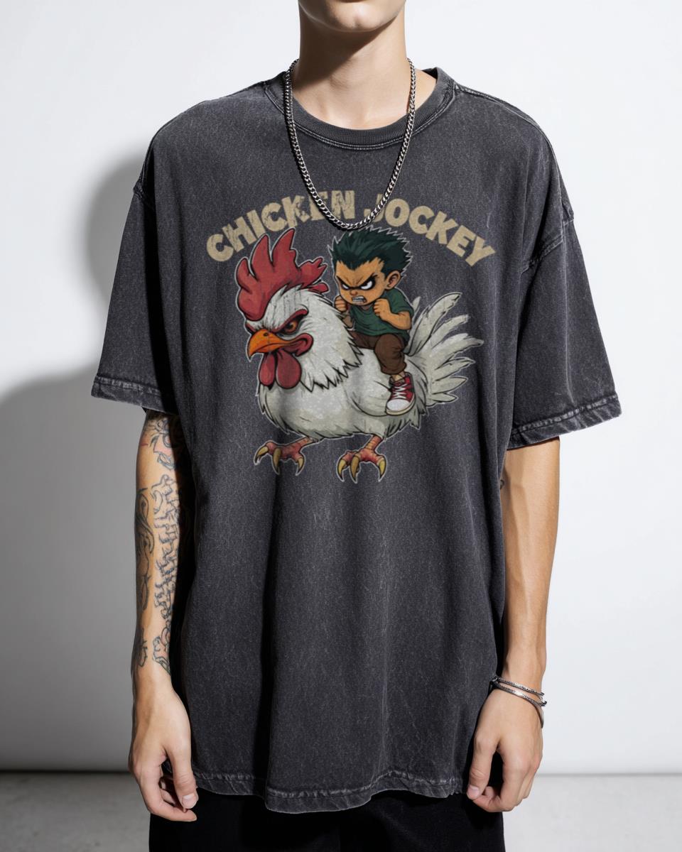 Funny Chicken Jockey Cartoon T-Shirt - Adventurous Boy Riding Rooster Meme