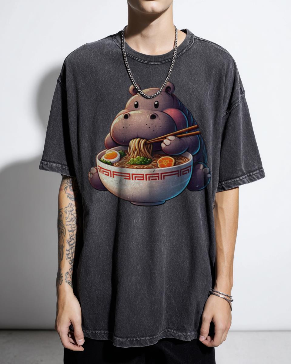 Funny Hippo Eating Ramen Noodles Anime T-Shirt - Japanese Food Lover