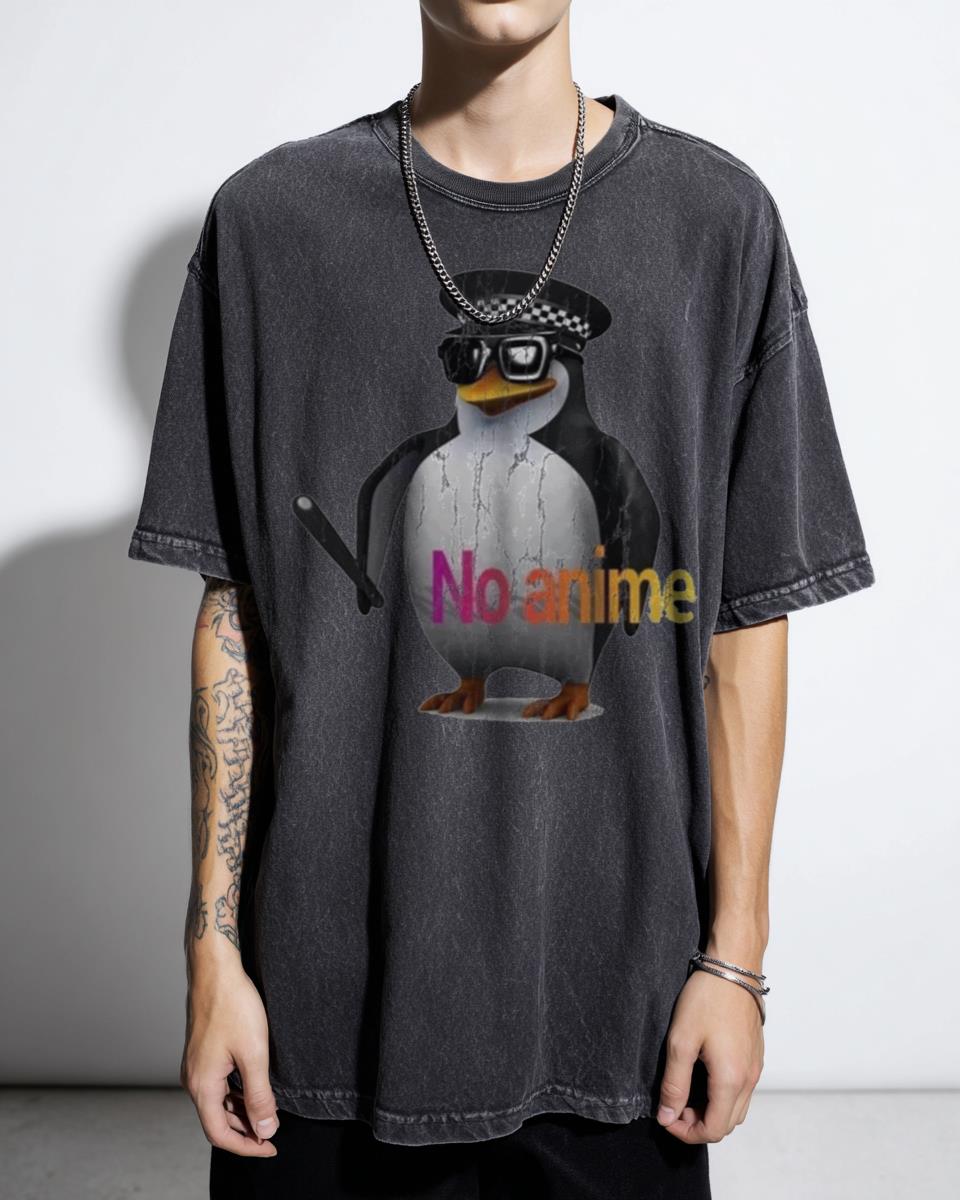 Funny 'NO Anime Allowed' Penguin Cop Meme T-Shirt - Internet Humor Gift