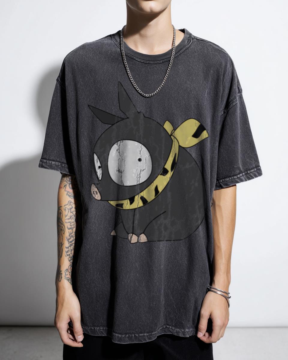 Funny Ranma 1/2 P-Chan Pig Anime Kawaii Black Acidwash T-Shirt - Rumiko Takahashi Manga Unisex