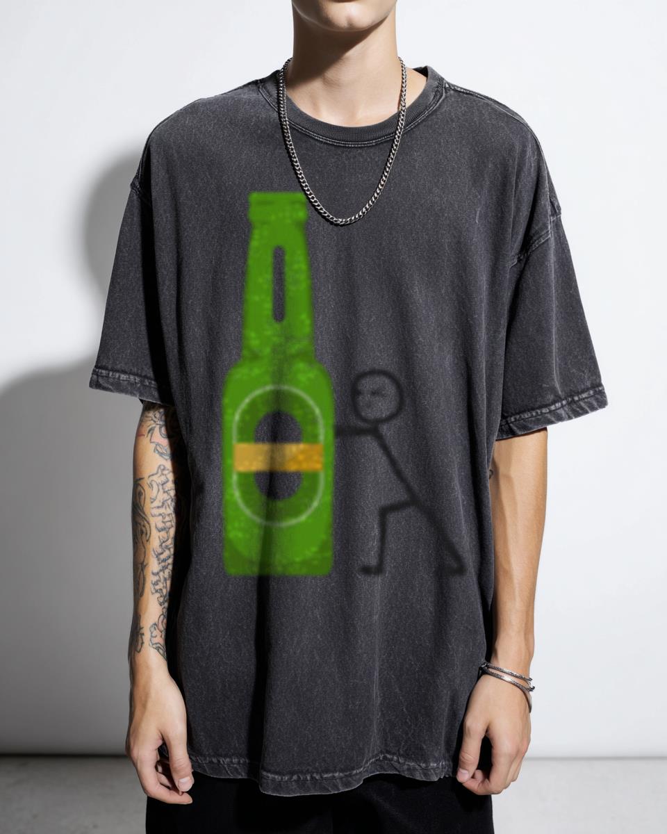Funny Stickman Ninja Pushing Beer Bottle Flat Art T-Shirt - Happy Stickman Meme