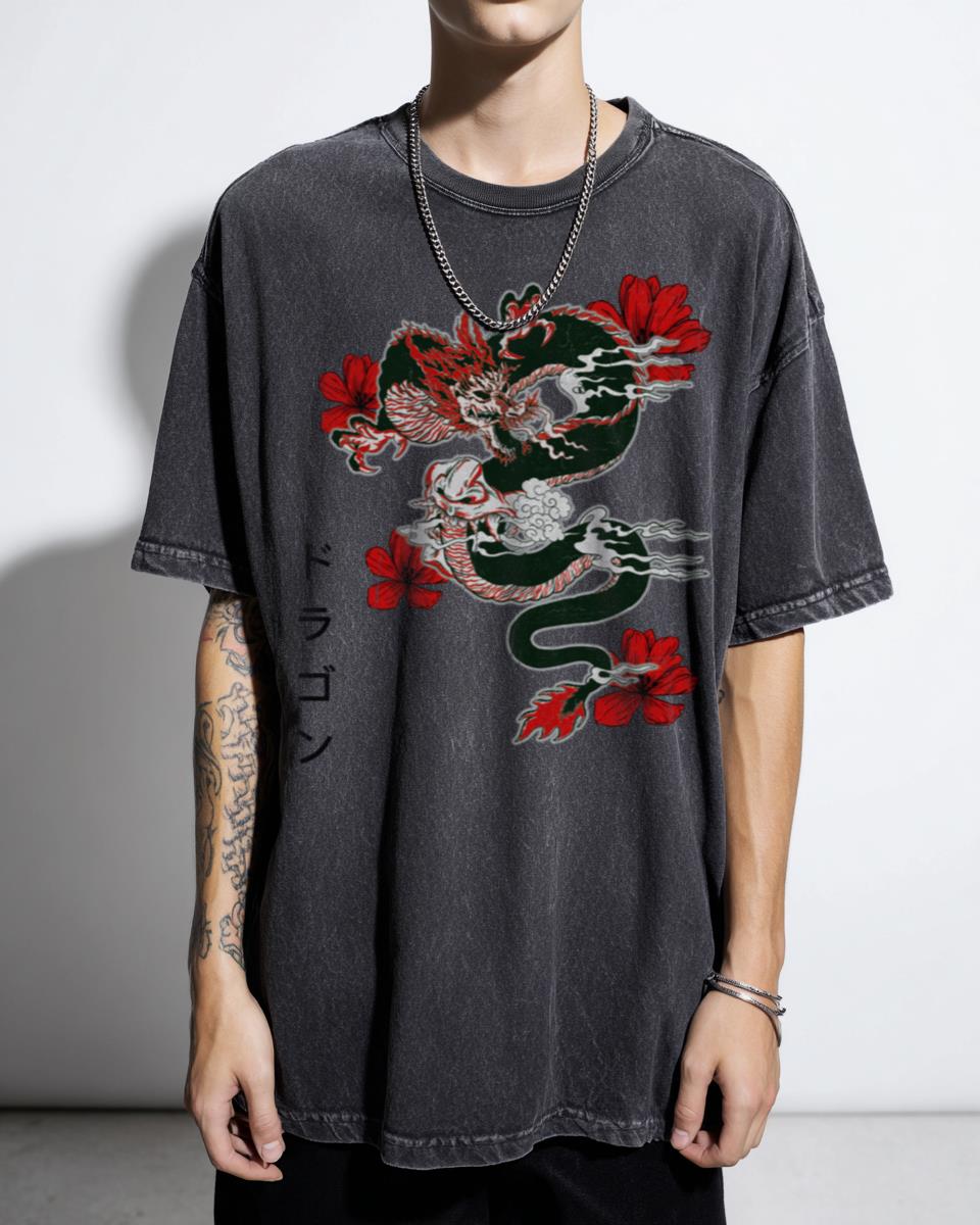 Fury Dragon Japanese Tattoo Style T-Shirt - Red Chinese Dragon Irezumi Art Tee