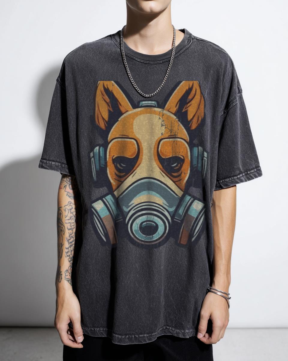 Futuristic Cyberpunk Dog Gas Mask T-Shirt - Neon Sci-Fi Puppy Art