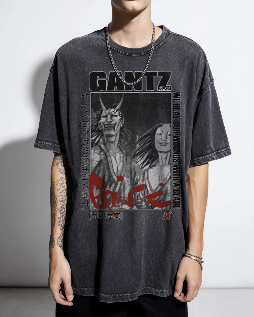 Gantz Oni Hannya Mask Samurai Yokai Aliens Anime T-Shirt - Cyberpunk Horror Manga