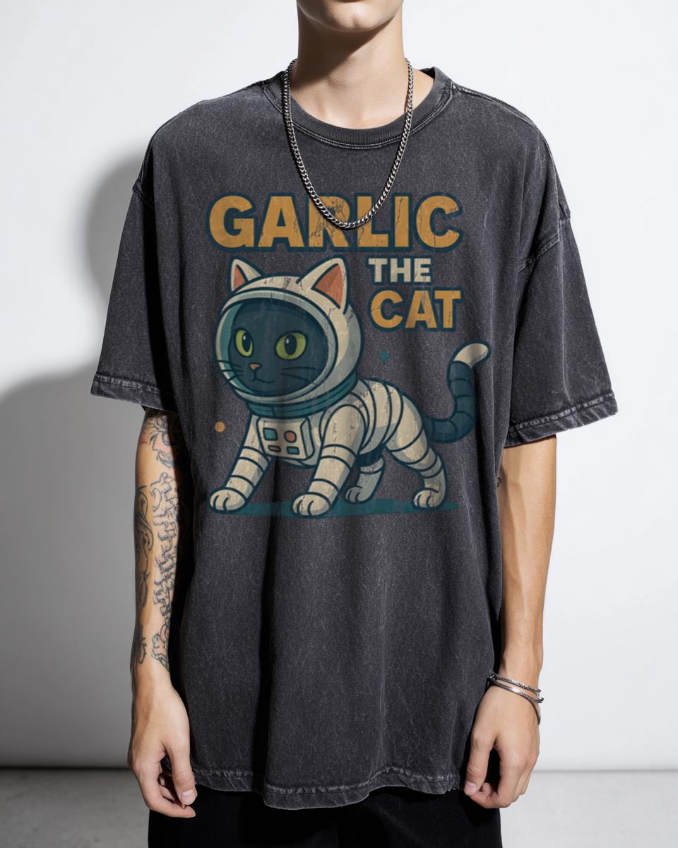 Garlic the Cat Astronaut Logo T-Shirt - Funny Cosmic Black Cat Kids