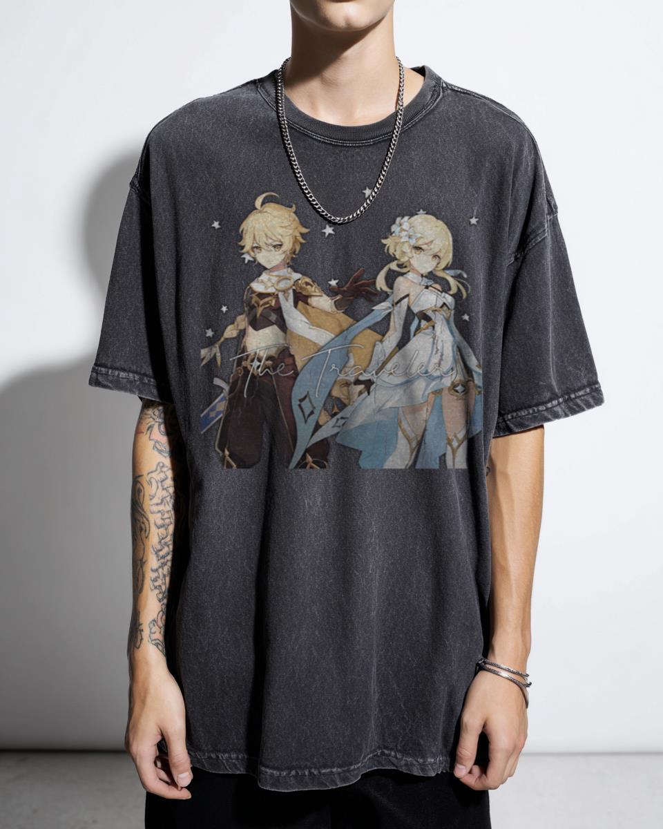 Genshin Impact Aether & Lumine Anime T-Shirt - The Traveler Game Manga Fan