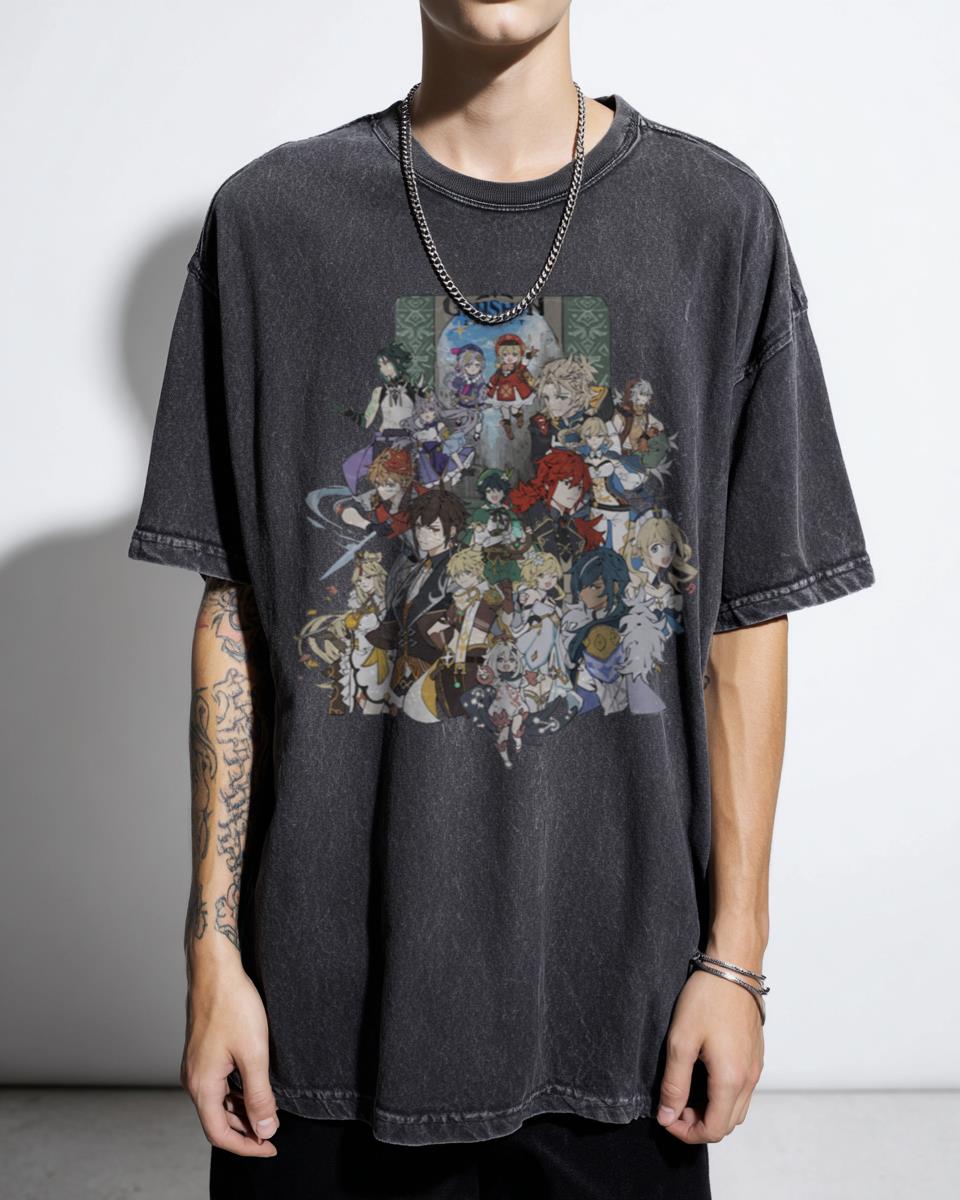 Genshin Impact Characters Black Acidwash Graphic Tee
