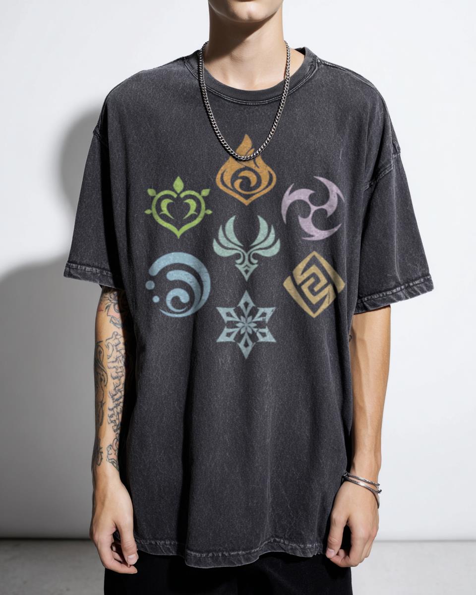 Genshin Impact Elemental Circle T-Shirt - Archon Pyro Hydro Geo Fan