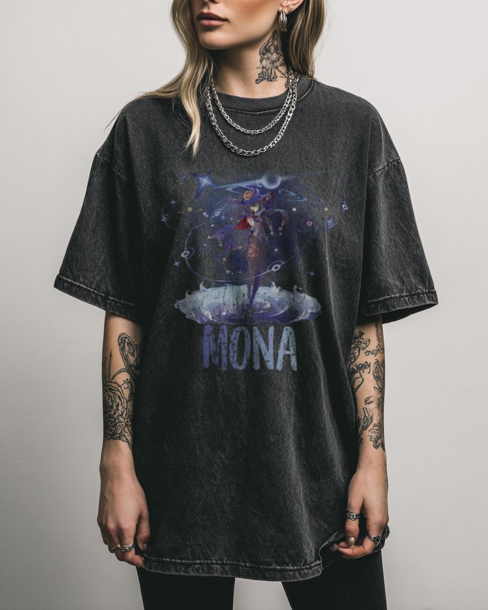Genshin Impact Mona Retro Black Acidwash Tee