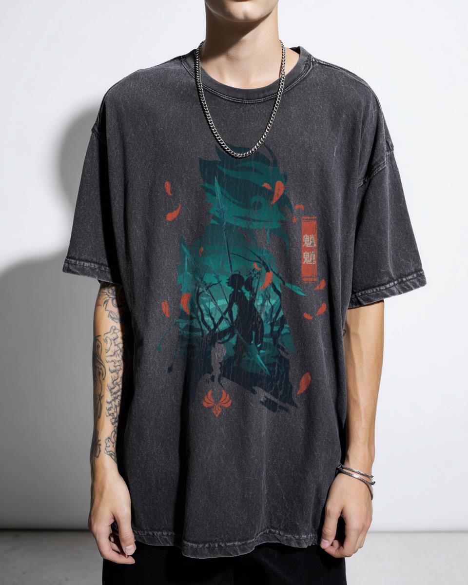 Genshin Impact Xiao Black Acidwash Graphic Tee