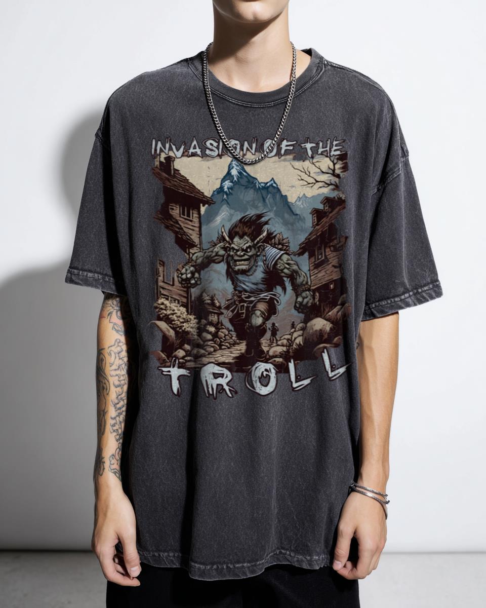 Giant Evil Troll Invasion Horror T-Shirt - Mythical Monster Attack Unisex