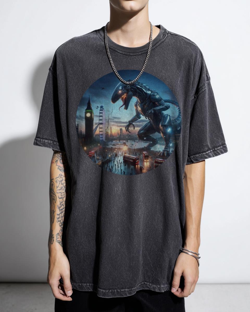 Giant Kaiju Robot Dinosaur Attacks London T-Shirt - Monster City Terror Tee