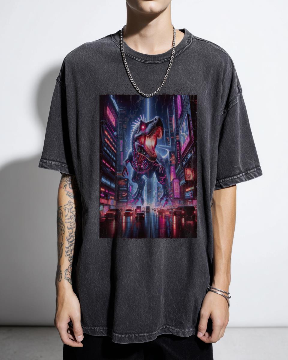 Giant Robot Kaiju Dinosaur Attacking Cyberpunk City T-Shirt - Magenta Purple Night Tee