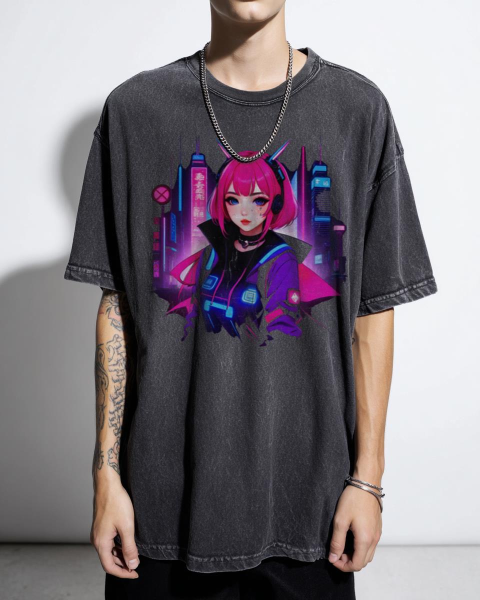 Girl Gamer Anime E-Girl & Retrofuturistic City Pink Hair T-Shirt