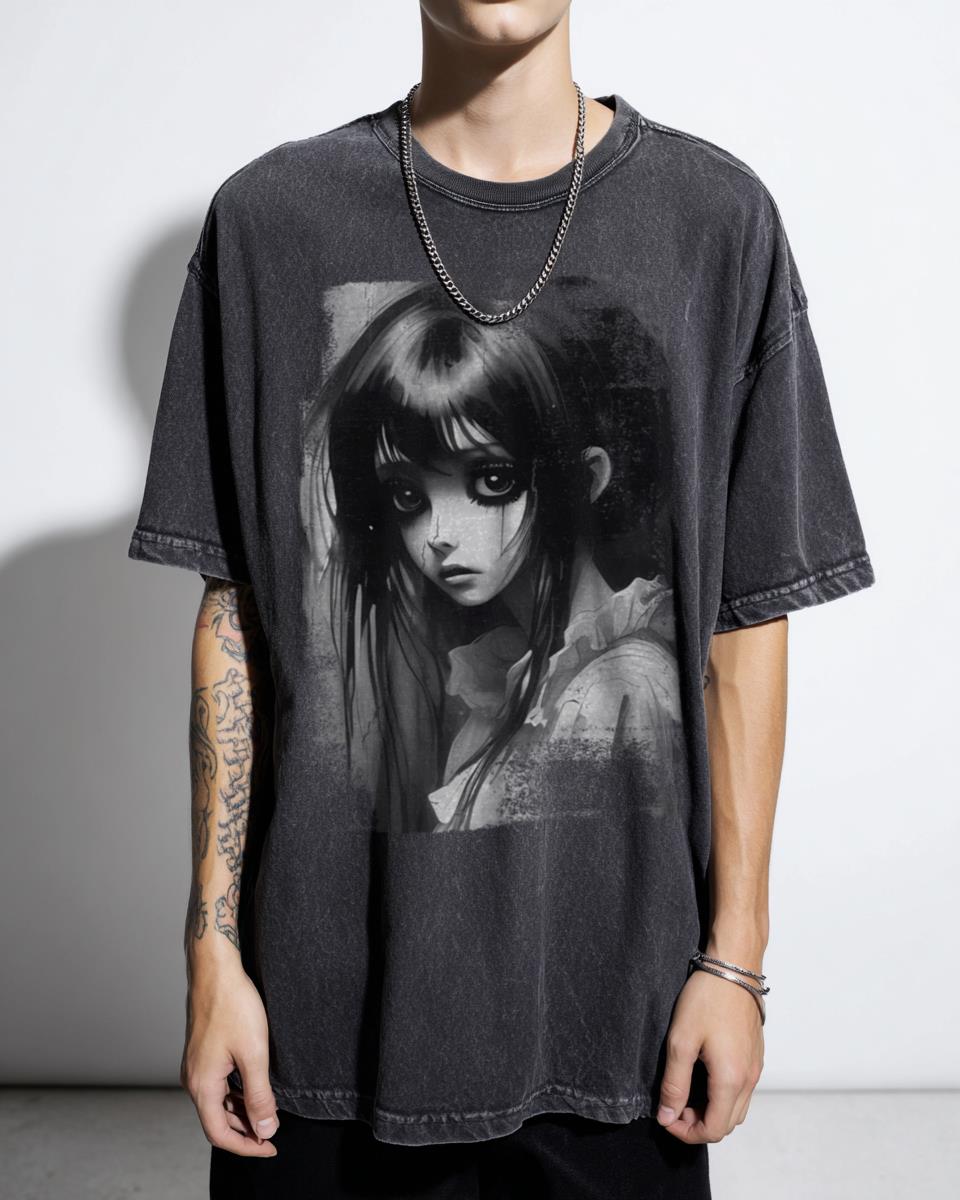 Good Ghost V Anime Black and White T-Shirt - Dark Kids Girl Gothic Art Unisex